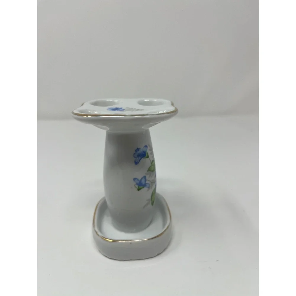 Vintage Ceramic Toothbrush Holder Blue Floral Gold Trim 4 Slot Pedestal White